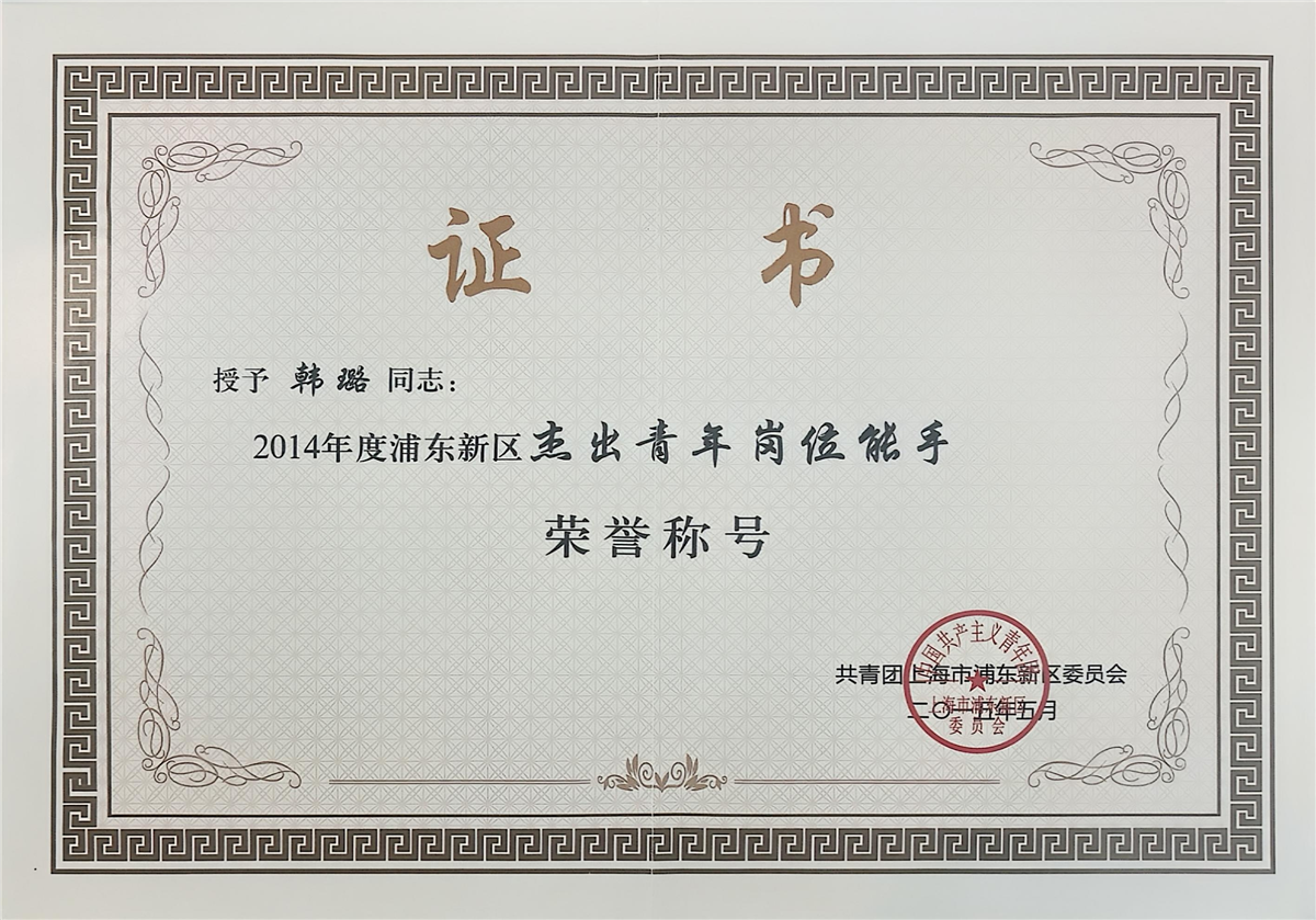 韩璐-2014年度浦东新区杰出青年岗位能手-共青团上海浦东新区委员会-2015.05.jpg